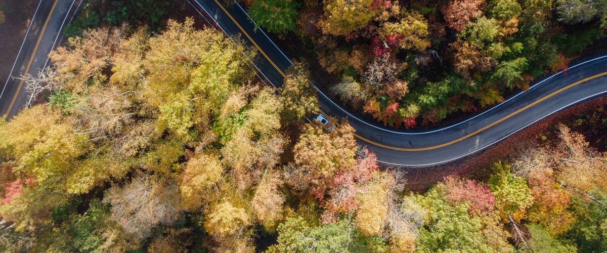 Aerial View of the Tail of the Dragon road near the Tennessee and North Carolina border in the Smoky Mountains in the Fall