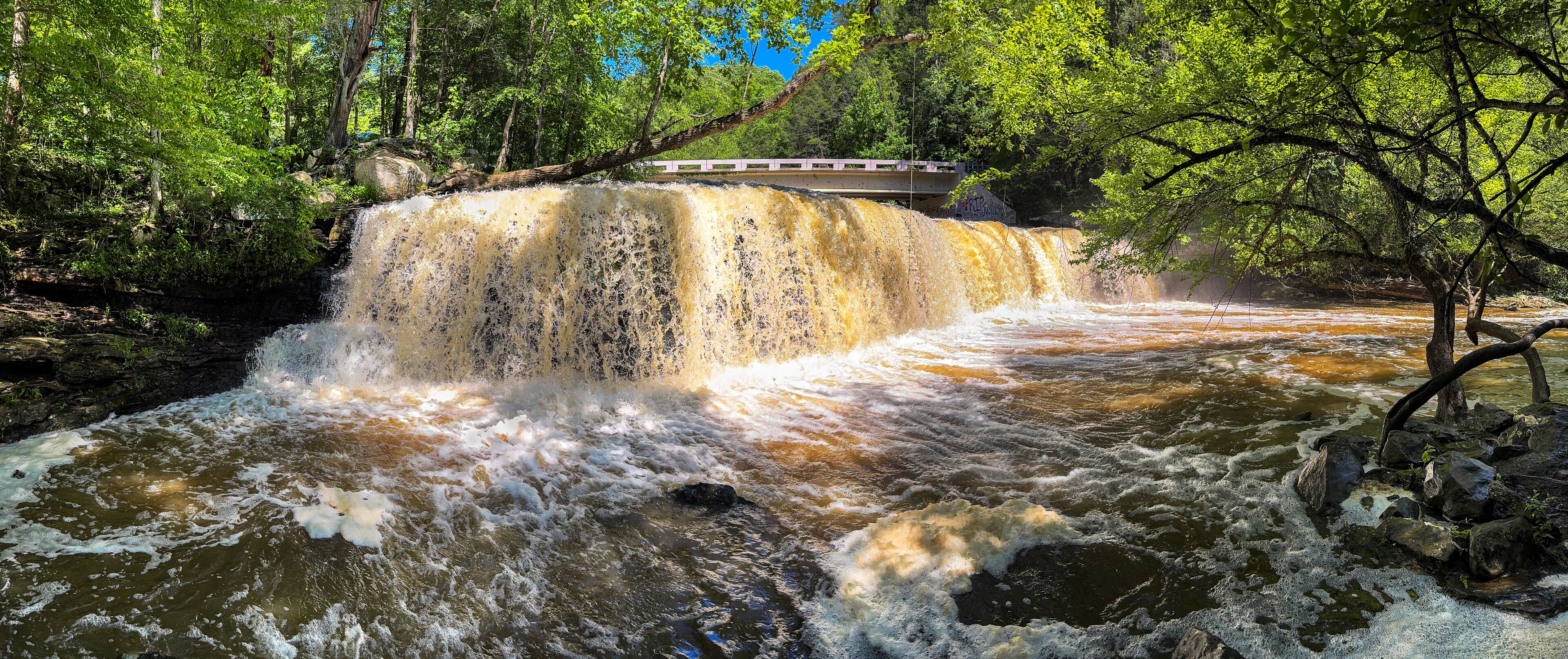 A waterfall cascading over rocks, surrounded by lush greenery and a bridge in the background.
