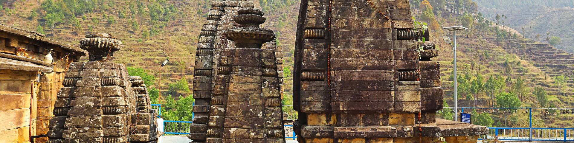Panoramic view of the Vaishnav Group of Temples, an historic architectural marvel located in Deval, Pauri, Uttarakhand, India.