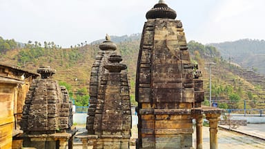 Panoramic view of the Vaishnav Group of Temples, an historic architectural marvel located in Deval, Pauri, Uttarakhand, India.