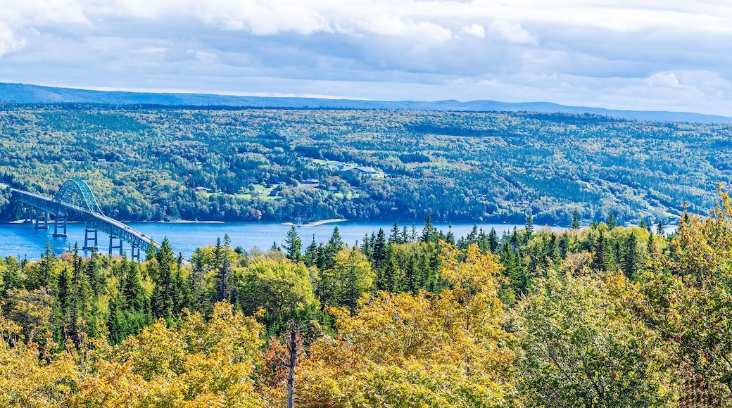A panorama view down towards the Seal Island Bridge on the trans canada highway near Sydney, Nova Scotia, Canada in the fall