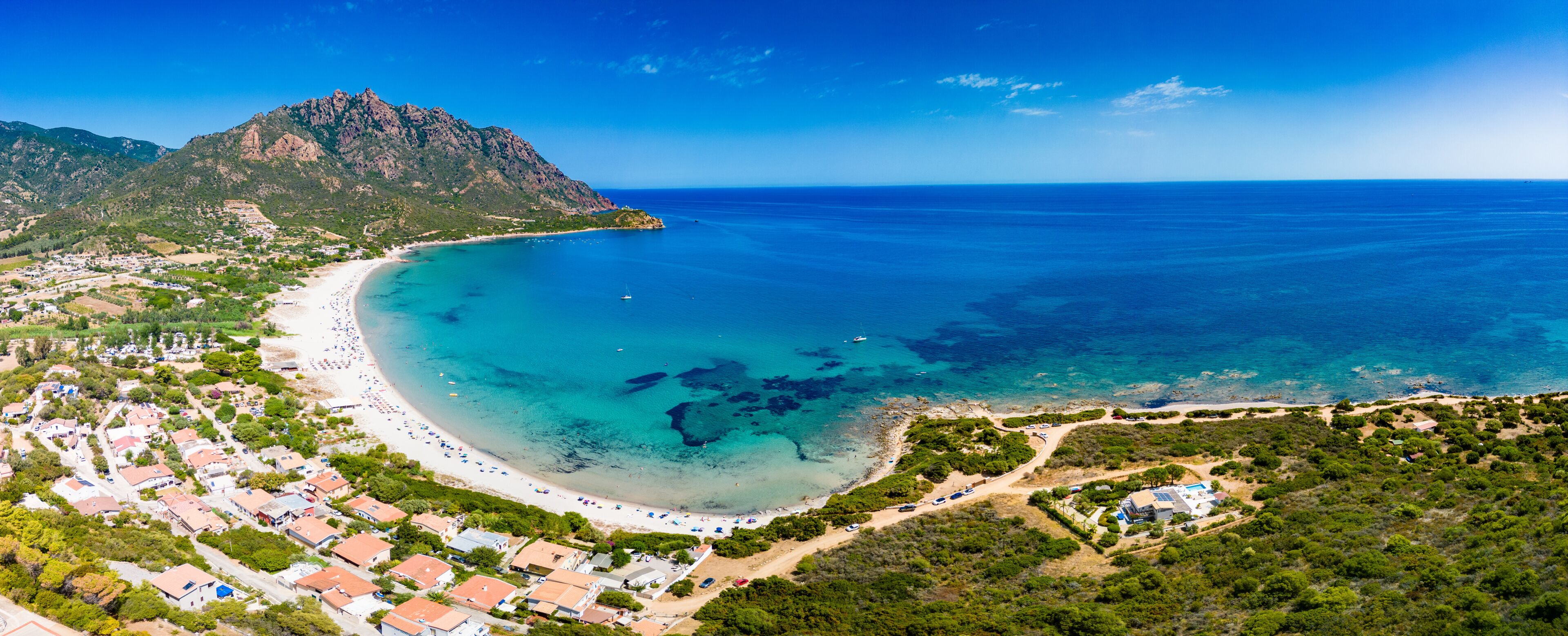 Aerial drone of Foxi Manna beach in Tertenia. Sardinia, Italy