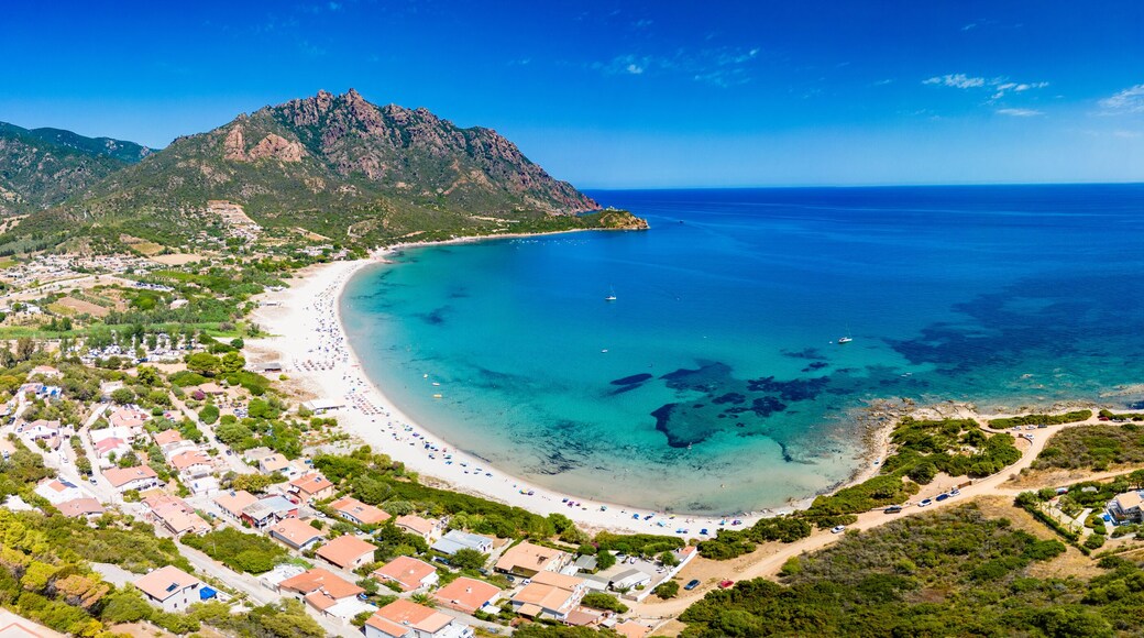 Aerial drone of Foxi Manna beach in Tertenia. Sardinia, Italy