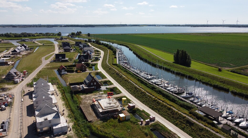 Harbor spot Numansdorp in the Netherlands, Aerial view of harbor view and new housing estate.