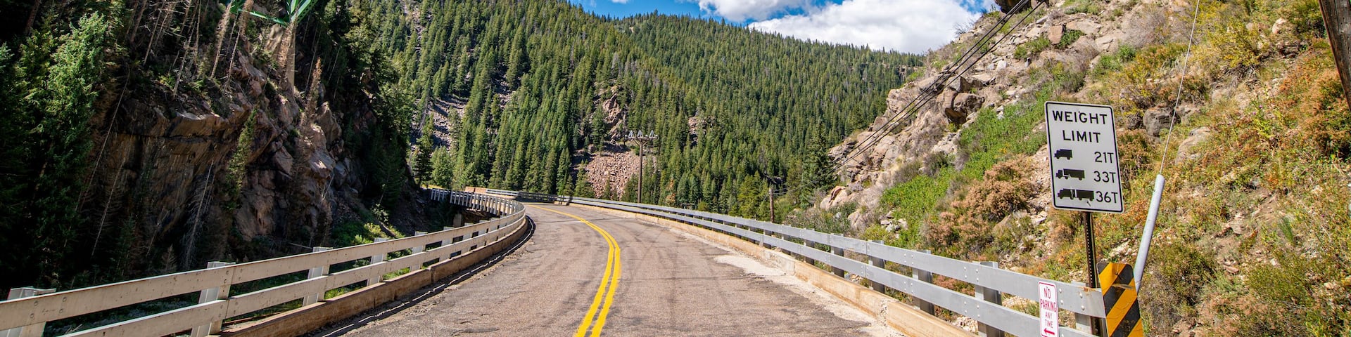 A green bridge over a winding road with a weight limit sign.