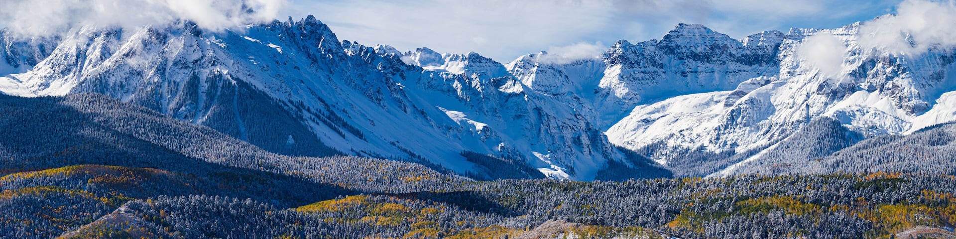 Panoramic of the San Juan Mountain Range. Beautiful and Colorful Colorado Rocky Mountain Autumn Scenery