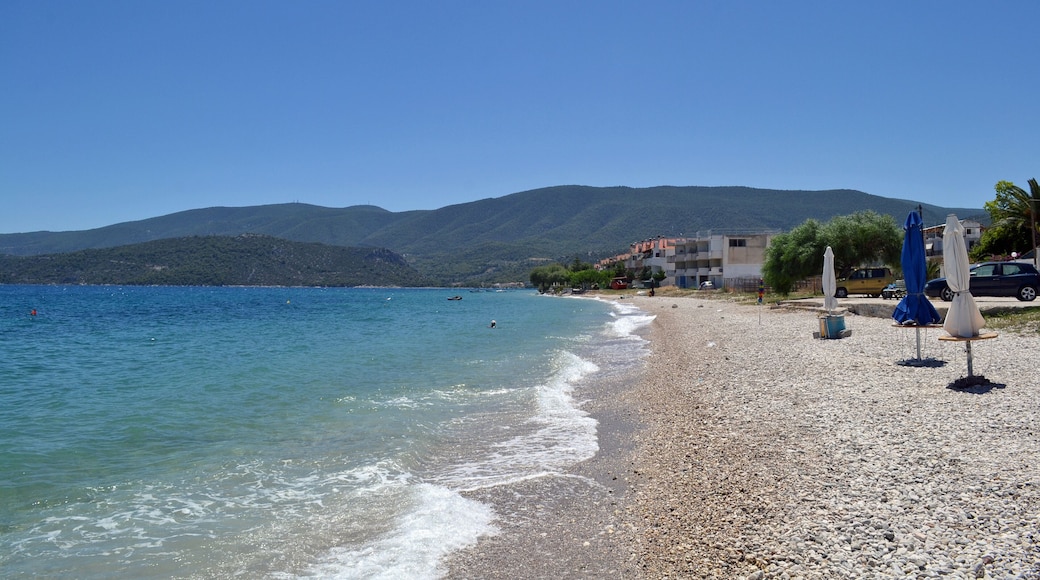 Beach in Loutra Oraias Elenis meaning Baths of beautiful Helen, a village in Corinthia, Greece, situated on the coast of the Saronic Gulf.