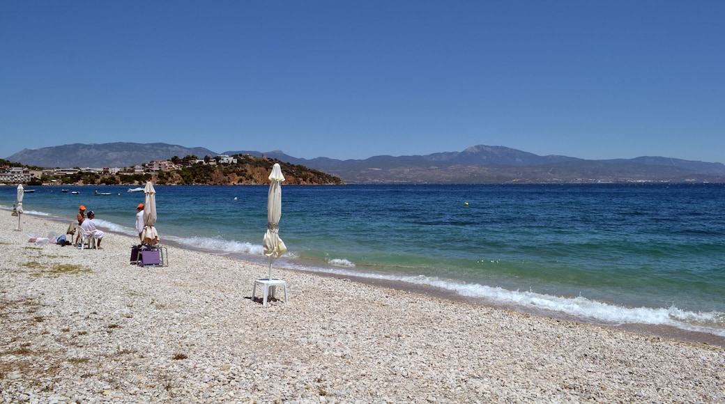Beach in Loutra Oraias Elenis meaning Baths of beautiful Helen, a village in Corinthia, Greece, situated on the coast of the Saronic Gulf.
