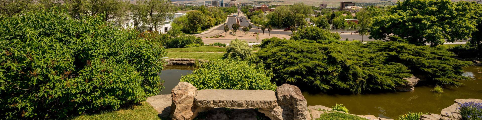 Park bench and the distant skyline of Boise Idaho