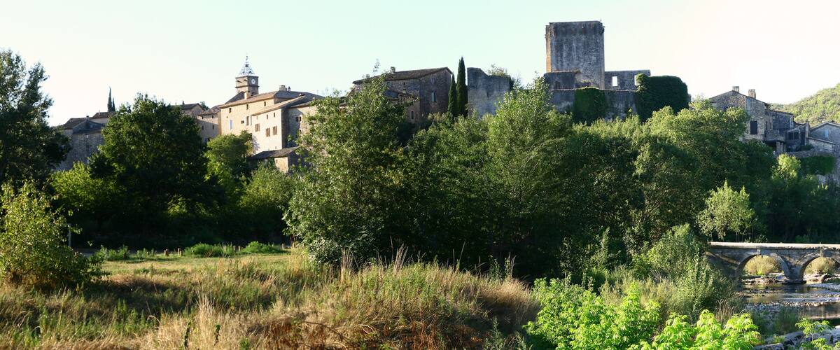 A historic town with medieval architecture, a river, and a stone bridge.