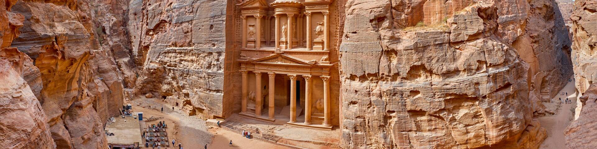 The temple-mausoleum of Al Khazneh in the ancient city of Petra in Jordan