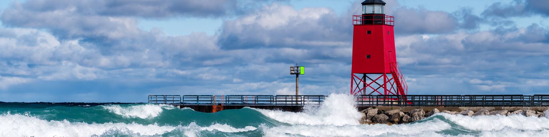 Charlevoix South Pier lighthouse in Charlevoix, Michigan, USA.