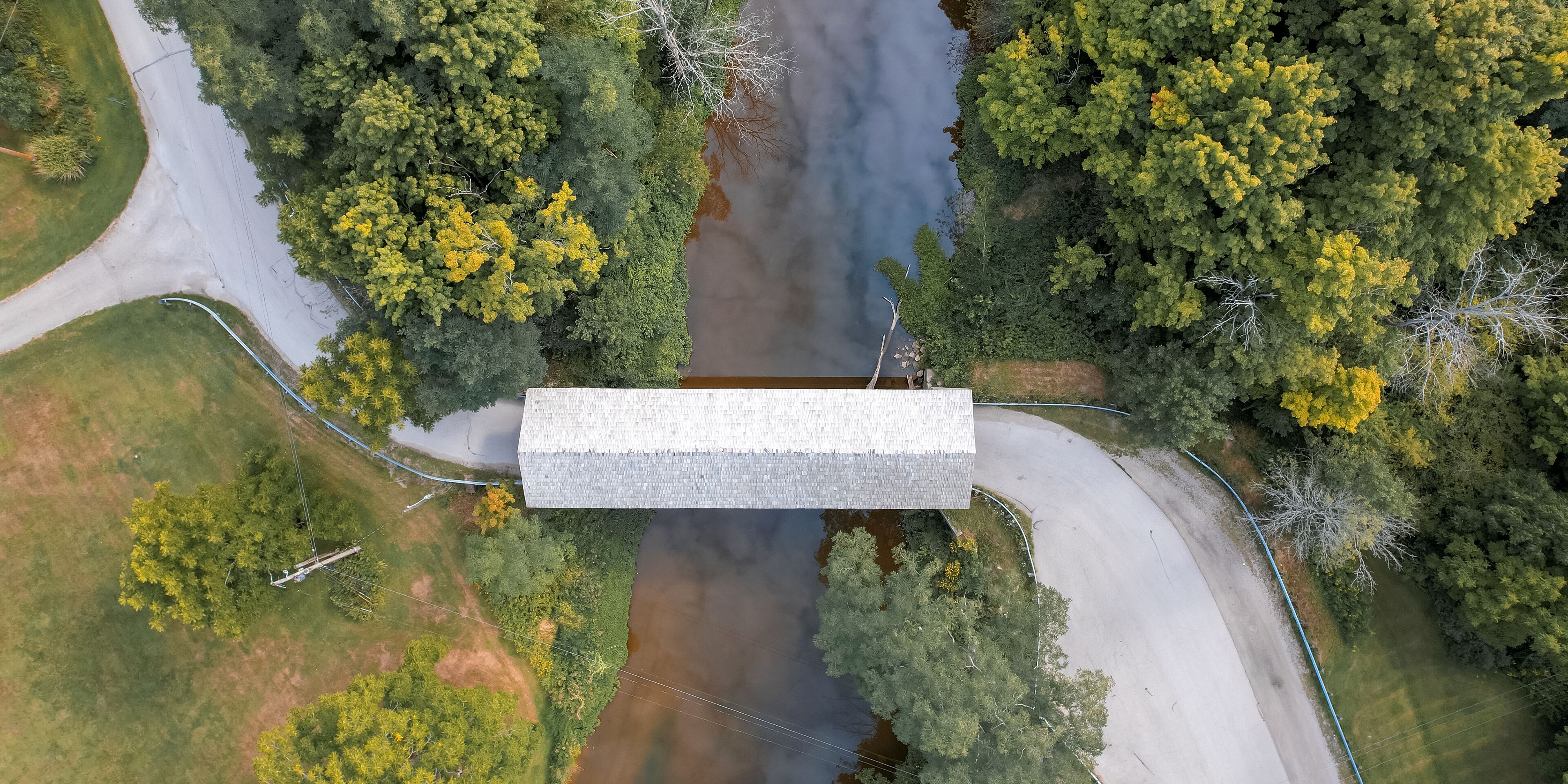 Top down view of Doyle road Covered bridge in Ashtabula county, Ohio, USA.