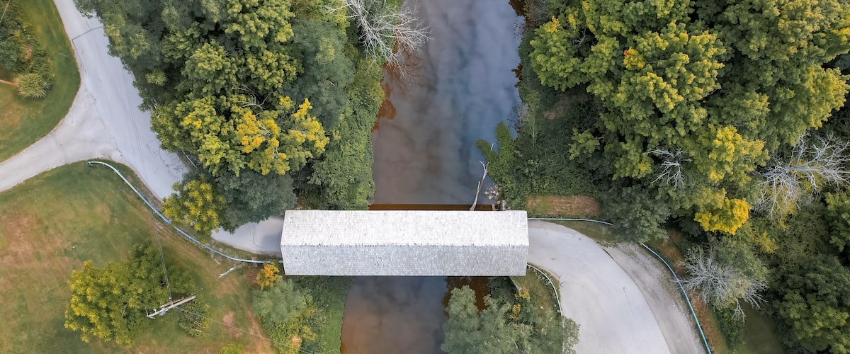 Top down view of Doyle road Covered bridge in Ashtabula county, Ohio, USA.