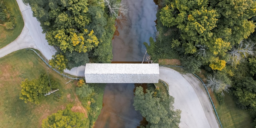 Top down view of Doyle road Covered bridge in Ashtabula county, Ohio, USA.