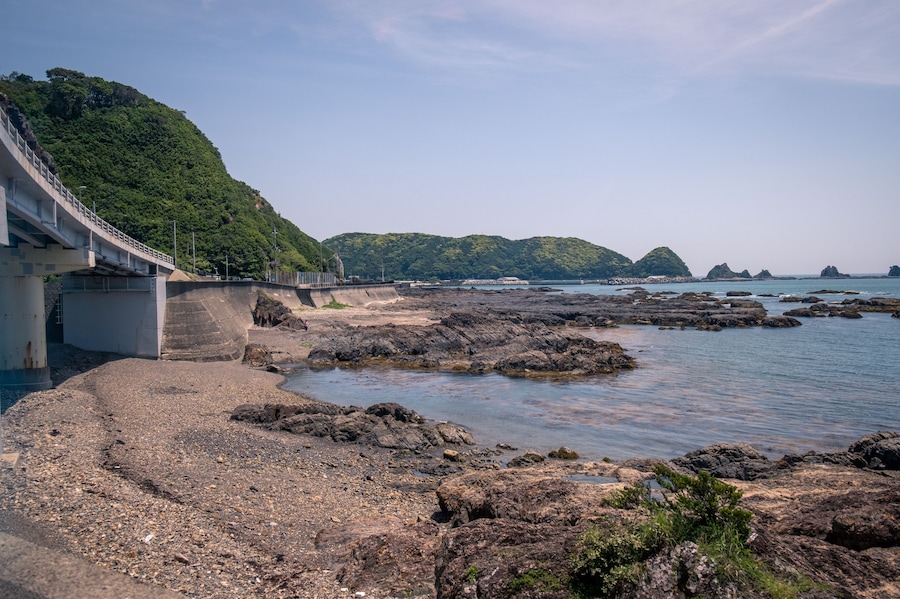 Ocean coast Full of rocks at Kii peninsula ,View from train between Wakayama and Kii-Katsuura , Japan