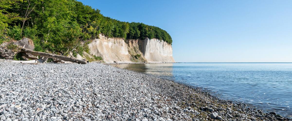A pebbly beach with a forested cliff and calm water.