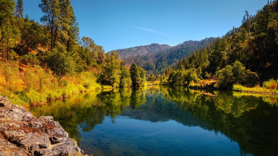 A calm lake surrounded by dense forest and mountains.