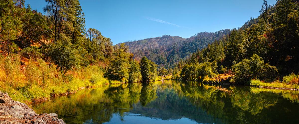 A calm lake surrounded by dense forest and mountains.