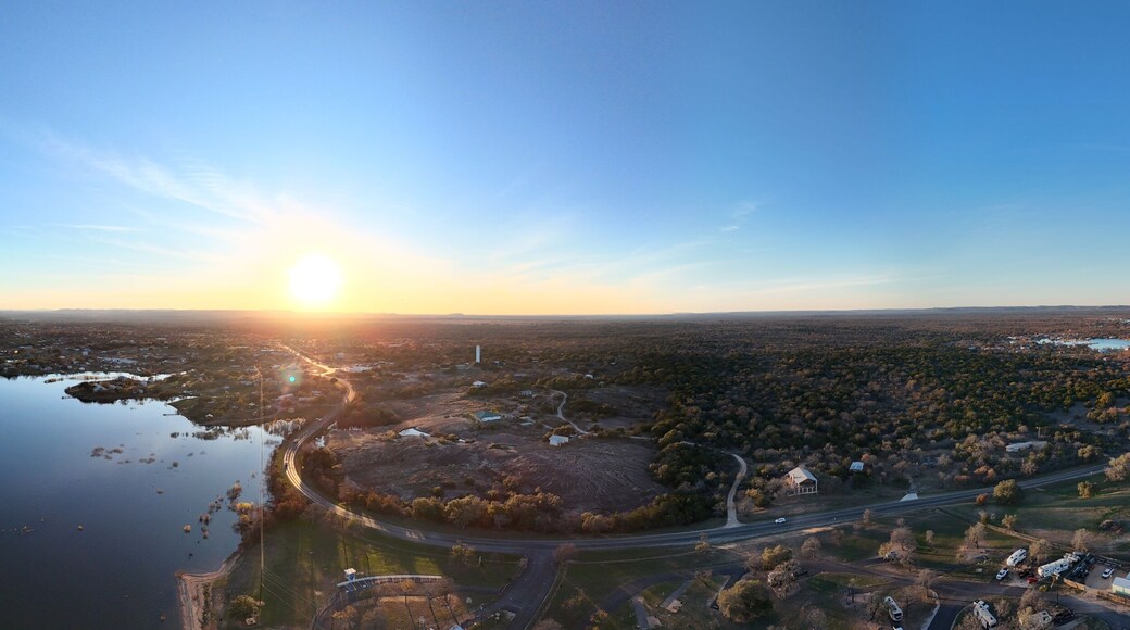 Aerial scenes of Lake Buchanan in the Central Texas Hill Country during sunset