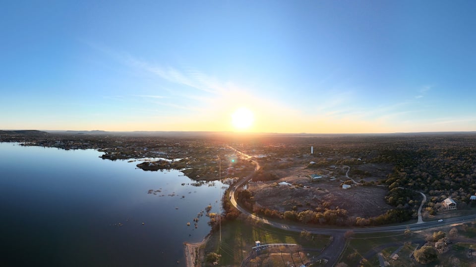 Aerial scenes of Lake Buchanan in the Central Texas Hill Country during sunset