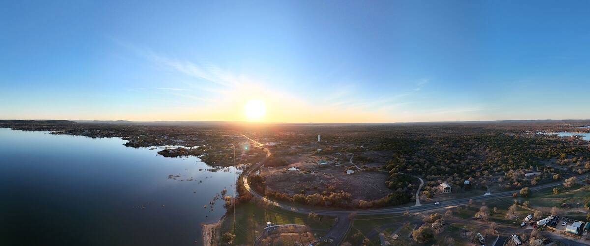 Aerial scenes of Lake Buchanan in the Central Texas Hill Country during sunset