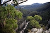 A river flowing through a forested valley with steep cliffs and dense vegetation.