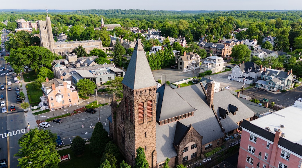 A town with a prominent church tower, surrounded by residential houses and lush greenery.