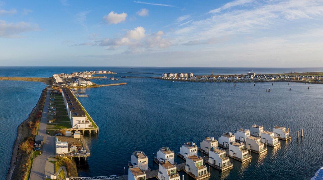 Top down aerial view of holiday paradise Baltic Sea resort with holiday home complex Baltic sea fjord Schlei, Olpenitz, Schleswig-Holstein, Germany, Europe.