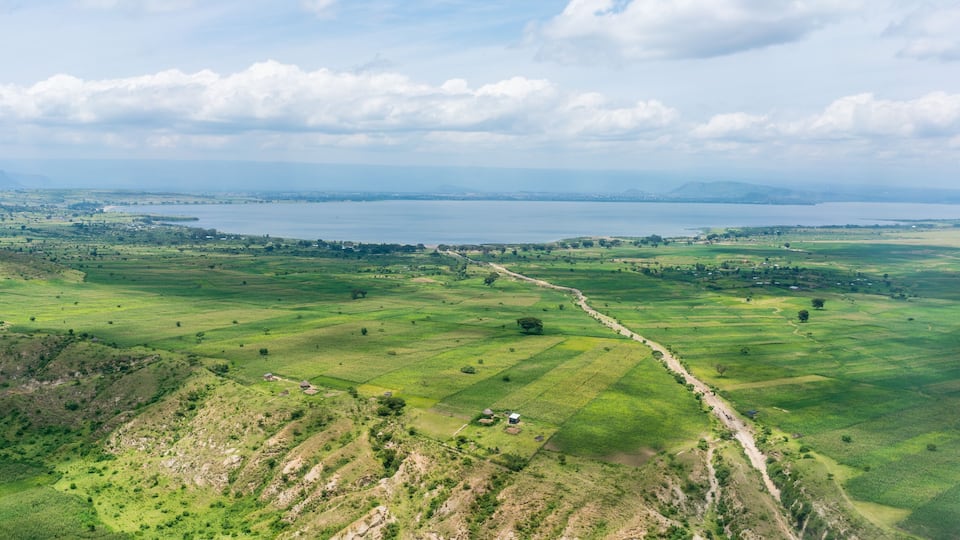 A vast green landscape with terraced fields, a winding road, and a large body of water in the distance.