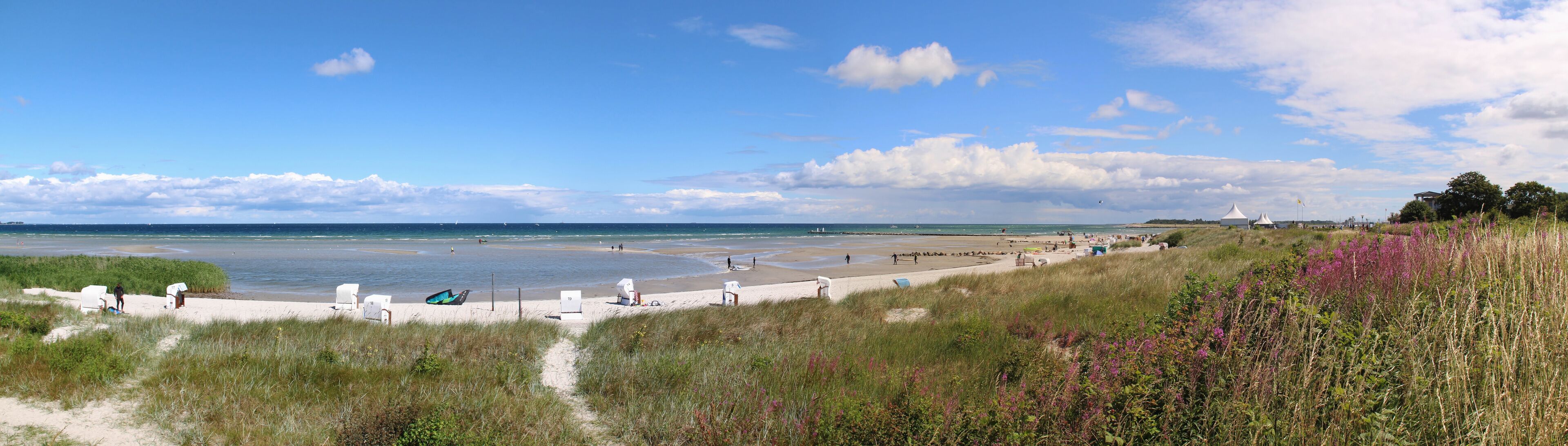 A coastal beach with dunes, beach huts, and a clear sky.