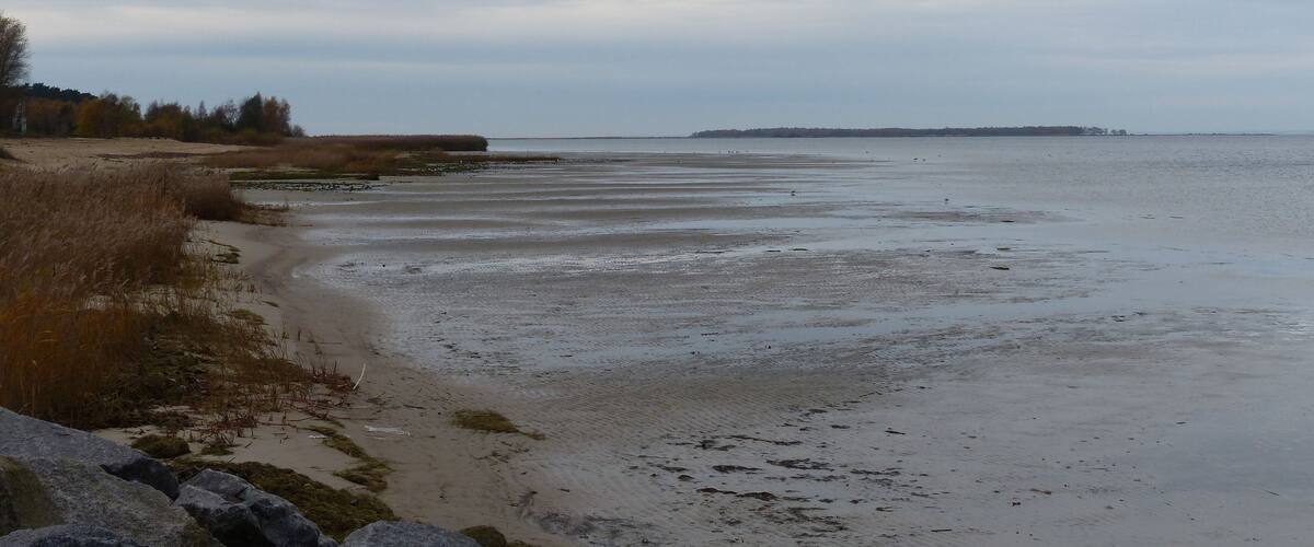 A coastal landscape with a sandy beach, rocky outcrops, and a distant shoreline.