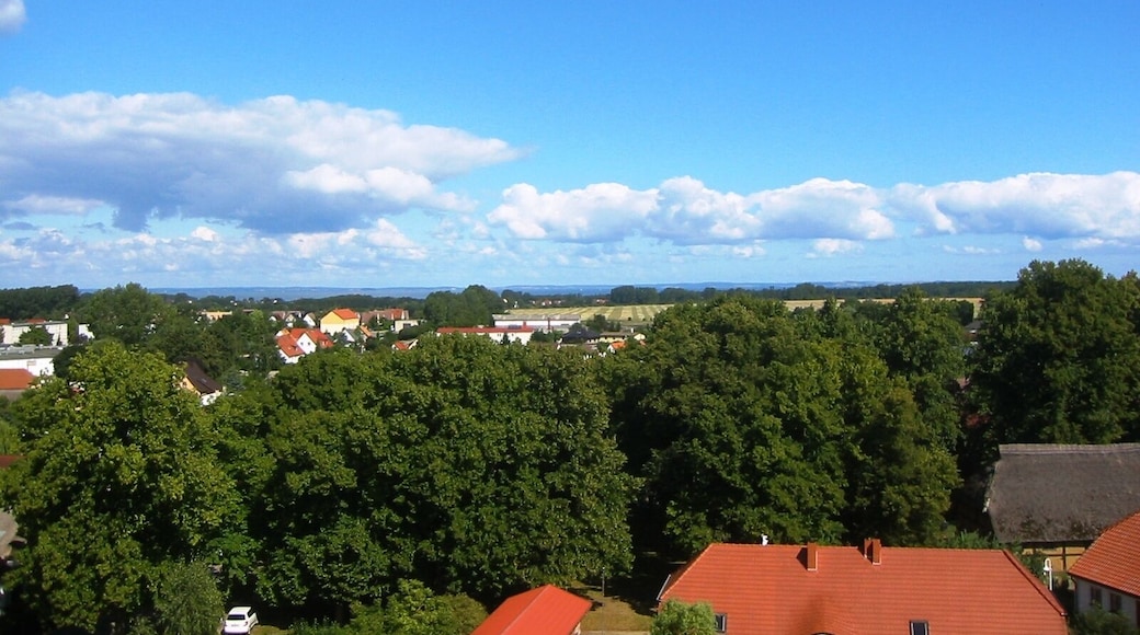 Blick in Richtung Greifswalder Bodden aus einer der Schallöffnungen Kirche in Wusterhusen, Vorpommern-Greifswald, Mecklenburg-Vorpommern