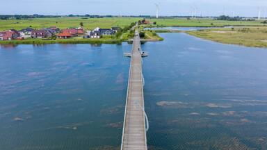 Aerial view with pedestrian bridge over the Wangermeer near Hohenkirchen