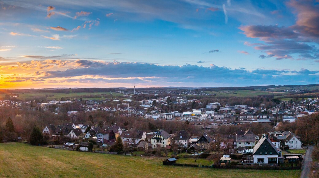 Sunset, Aerial view over forests and meadows of Westerwald, Altenkirchen, Germany