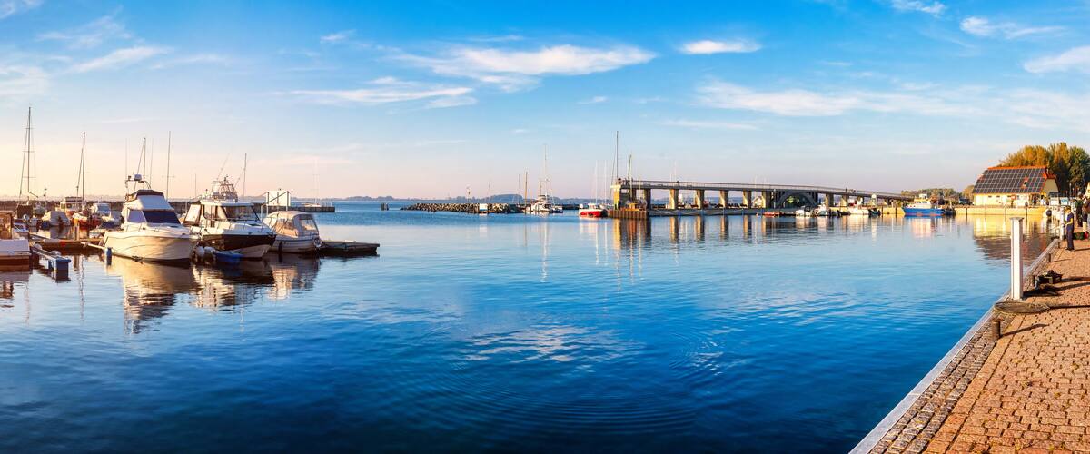 A marina with boats docked, a bridge, and a calm waterfront.