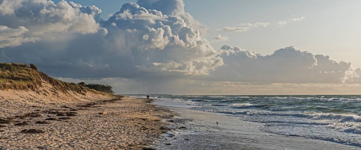 A beach with sand dunes and waves.