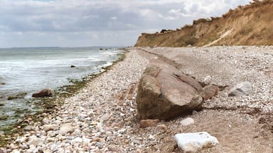 A rocky beach with a large boulder in the foreground and a cliff in the background.