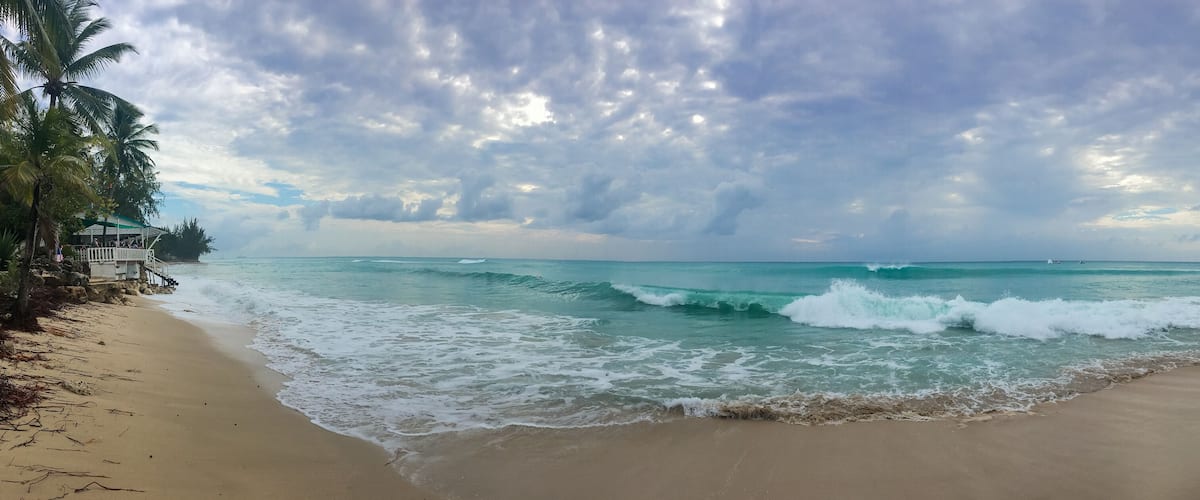 A beach with waves, palm trees, and a cloudy sky.