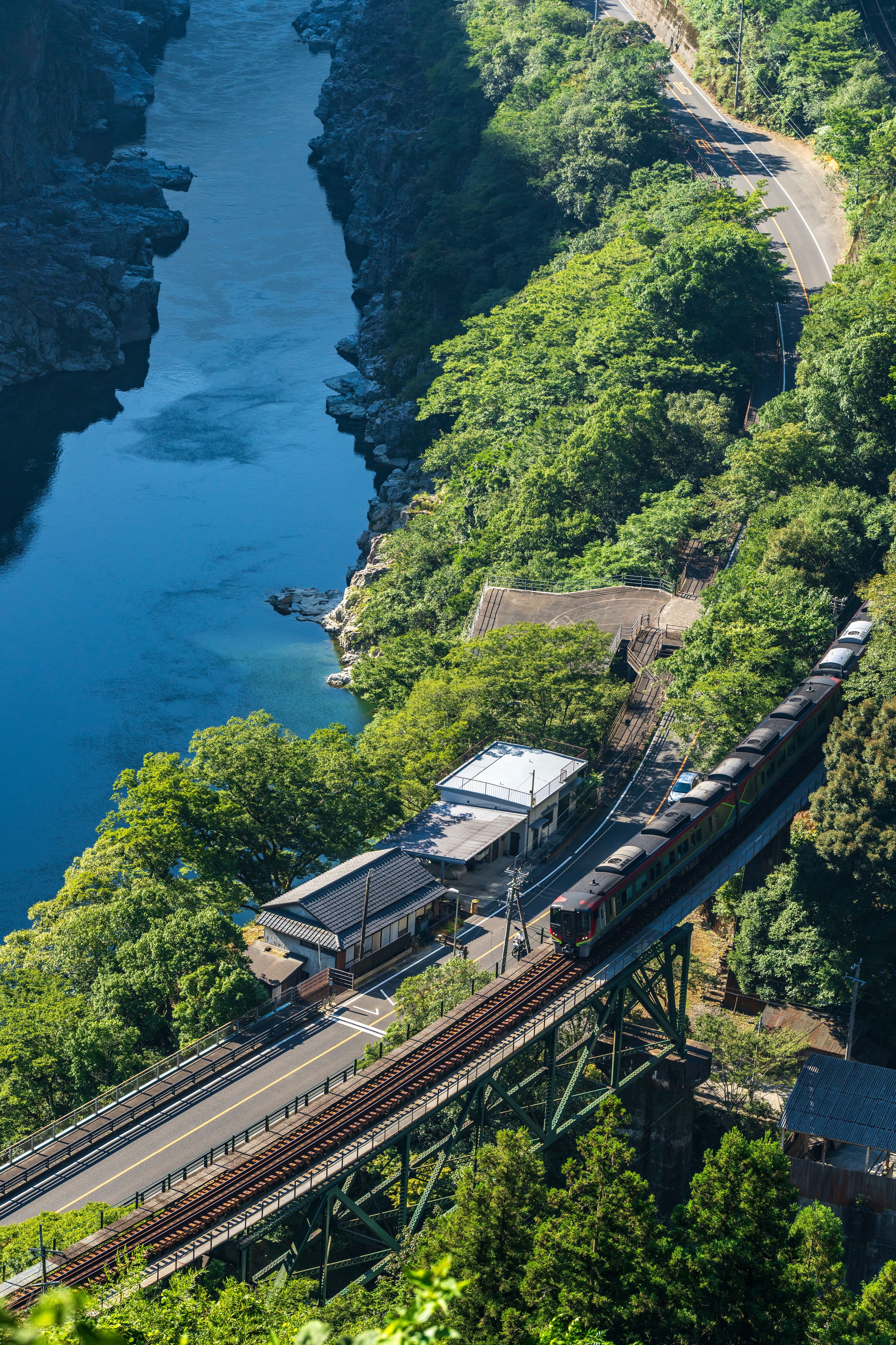 JR Dosan Line limited express train running along Koboke Gorge in Tokushima, Japan.