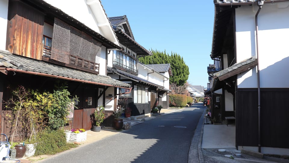 A narrow street lined with traditional wooden buildings, potted plants, and a clear blue sky.