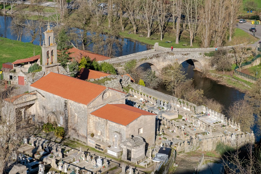Romanesque church and fluvial beach of A Vilanova in Allariz, province of Ourense. Galicia, Spain.