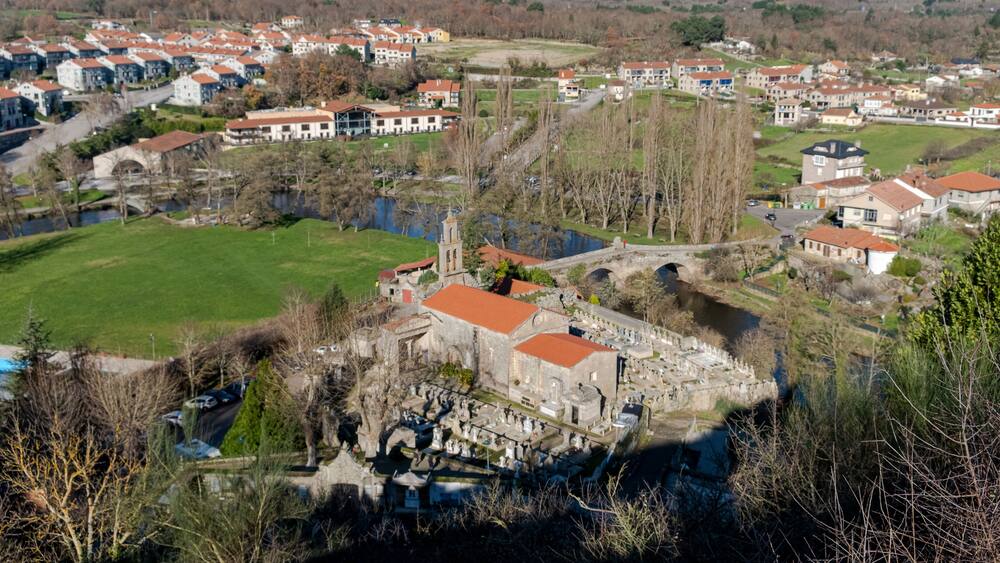 Romanesque church and fluvial beach of A Vilanova in Allariz, province of Ourense. Galicia, Spain.