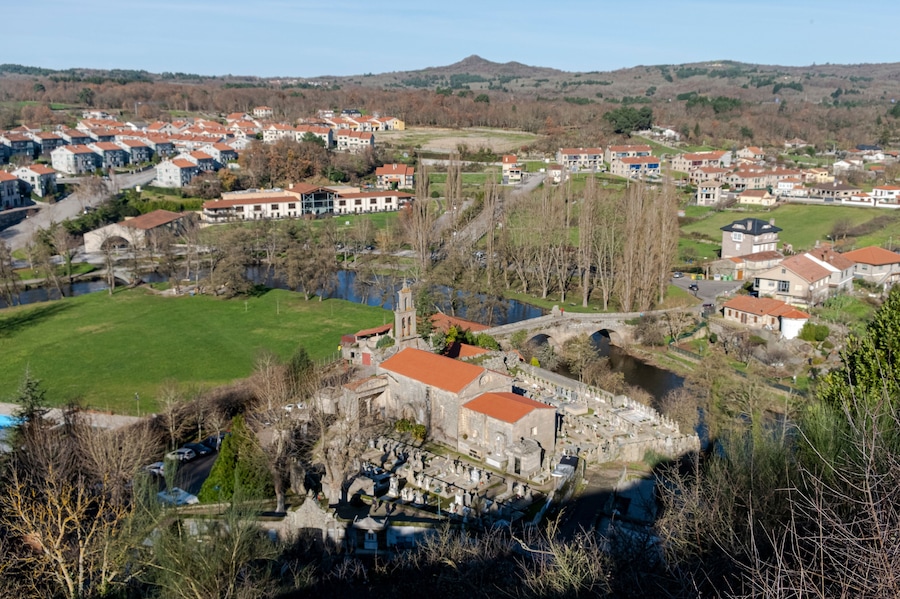 Romanesque church and fluvial beach of A Vilanova in Allariz, province of Ourense. Galicia, Spain.