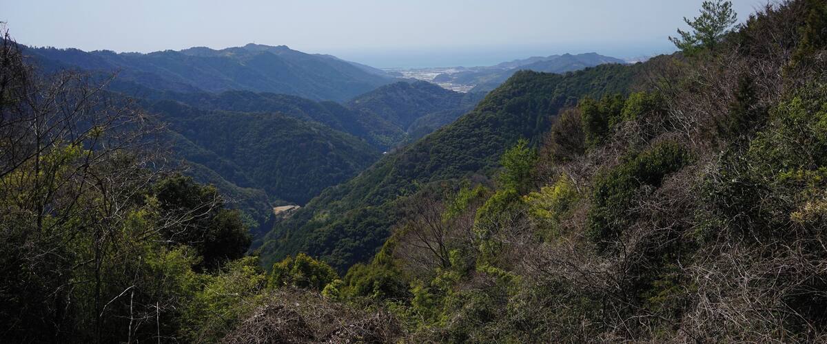 A mountainous landscape with dense forests and a valley.