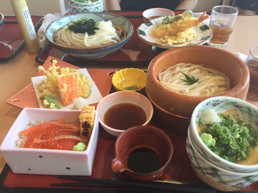 Udon noodles and sushi