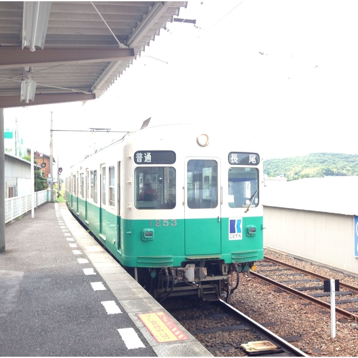 A train at a station with a green and white exterior, platform, and tracks.