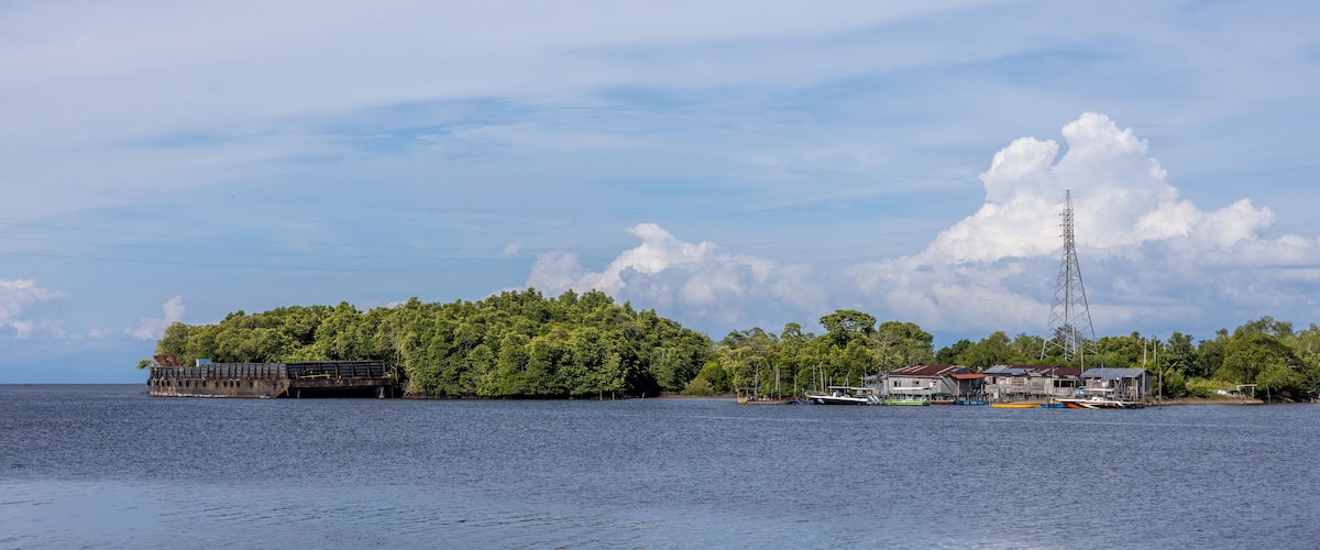 A coastal scene with a dock, a large ship, and a power transmission tower.