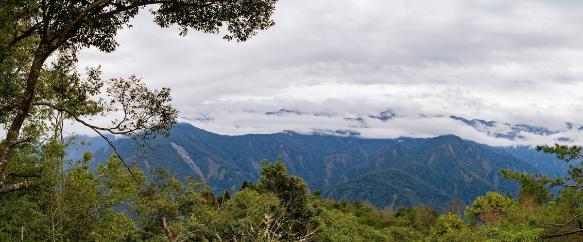 A mountainous landscape with dense forest and a cloudy sky.