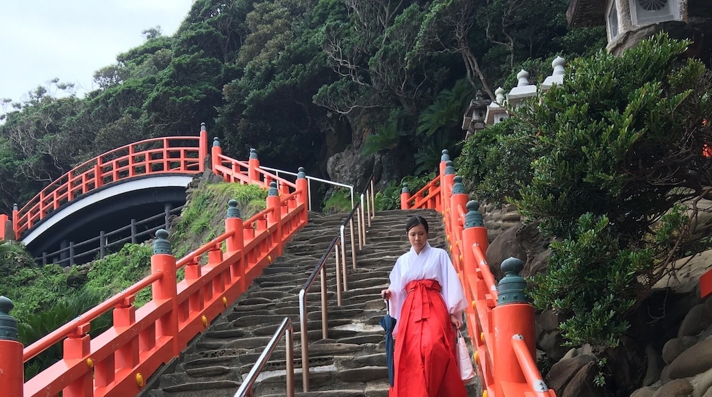 One of the many shrines of Japan with a most scenic location. It's not difficult to get to except for those with weak legs as there are many steps to climb and if you are able try not to go in the summer! It was scorching hot!
Udo-jingĆ« (锿žç„ćźź) is a Shinto shrine located in Nichinan, Miyazaki prefecture, Japan, south of Aoshima. It is the mythical birthplace of Emperor Jimmu's father Yamasachihiko, dedicated to Ugayafukiaezu, Amaterasu, Amenooshihomimi, Ninigi-no-Mikoto, Hoori and Emperor Jimmu. The shrine is popular with young couples hoping for easy childbirth and a happy marriage.
Source: Wikipedia
#endlesssummer